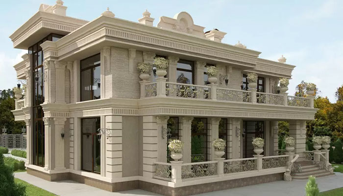 نمای ساختمان دو طبقه تراس دار